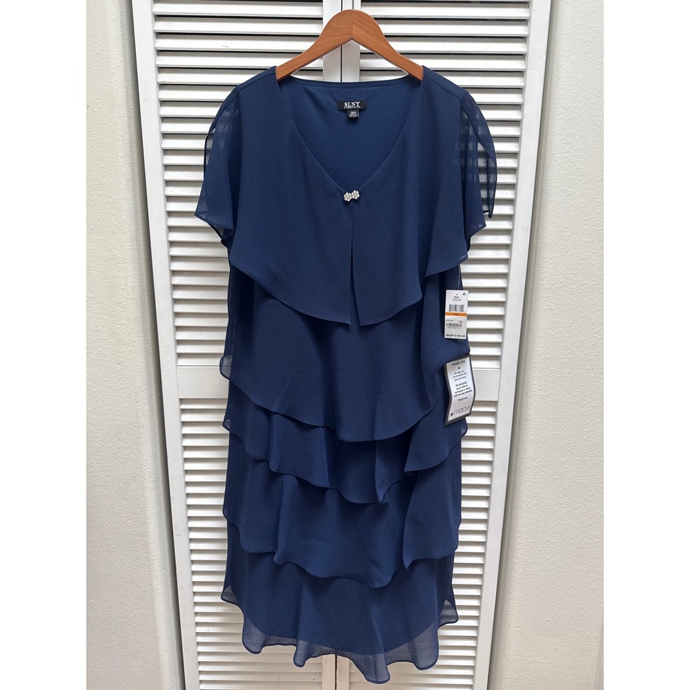 SLNY Navy Blue Tiered Ruffle Chiffon Cocktail Dress Rhinestone Brooch 16W NWT